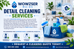 Wowzser Maids cleaning supplies bucket filled with eco-friendly products, microfiber towels, and spray bottles in a bright, modern living space.